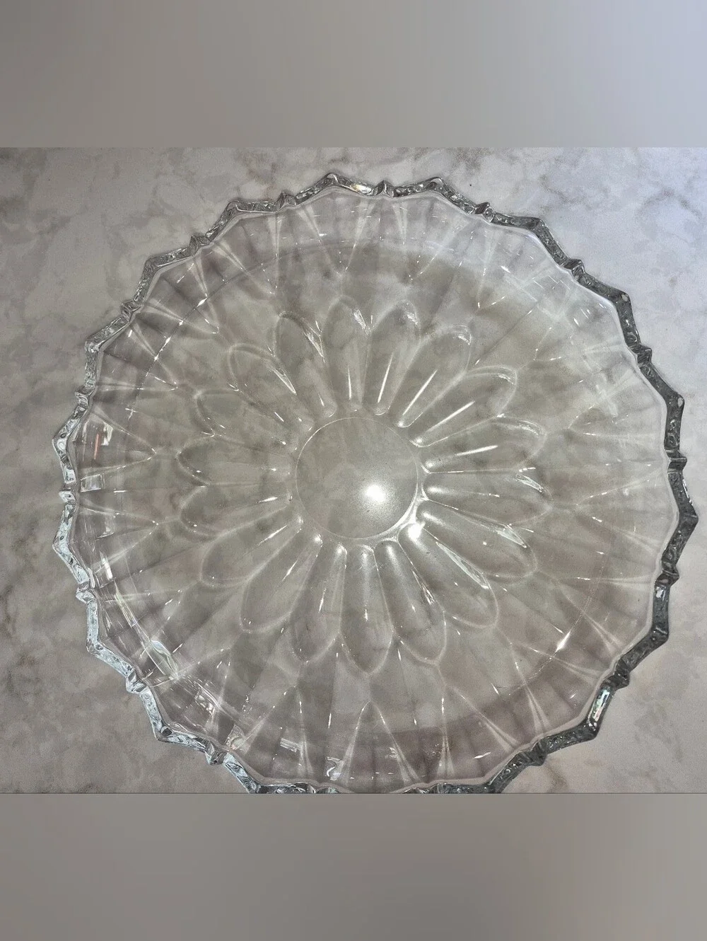 Vintage clear pressed-glass serving platter,  Radial Sunflower Scalloped Rim